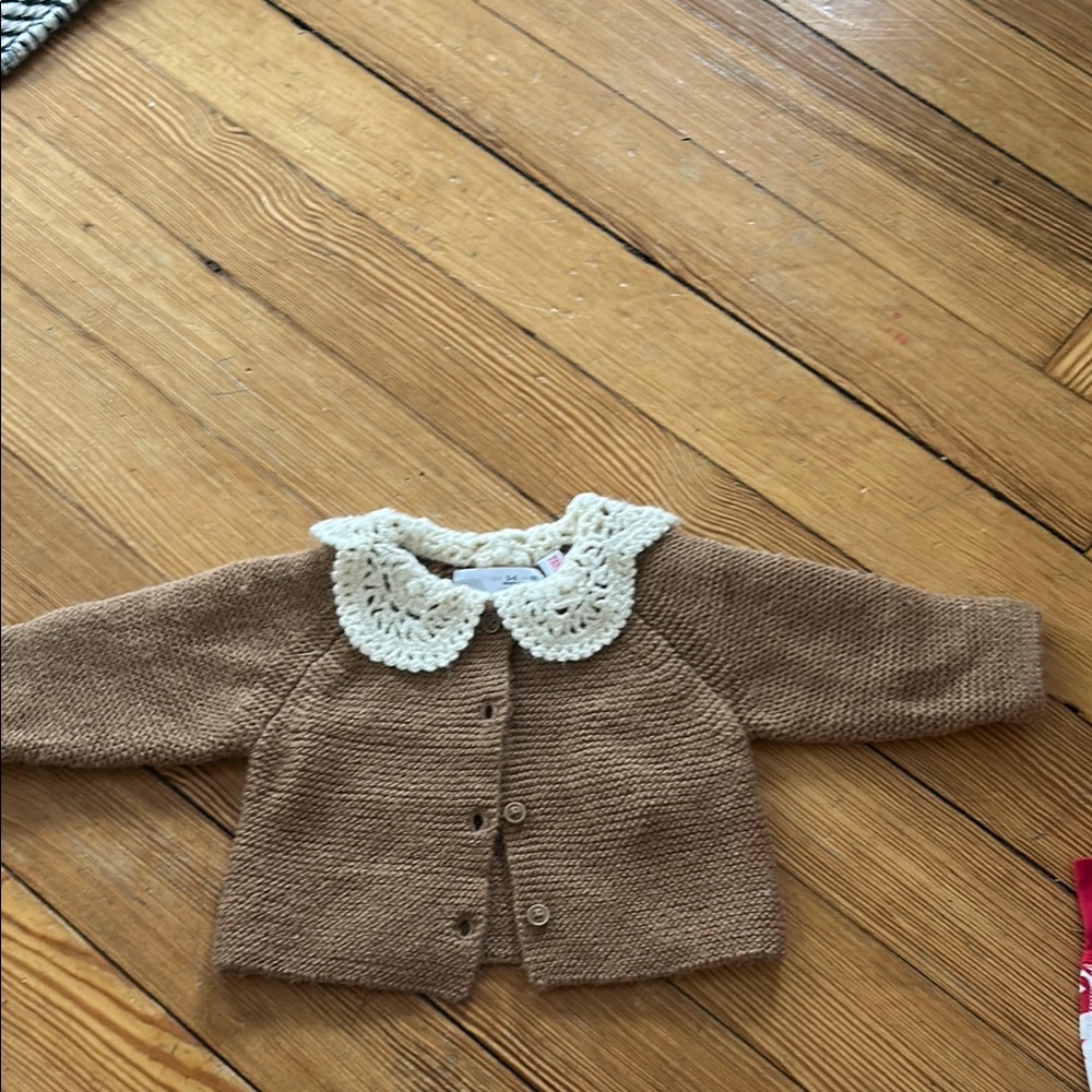 Brown Knit Baby Cardigan with Cream Collar